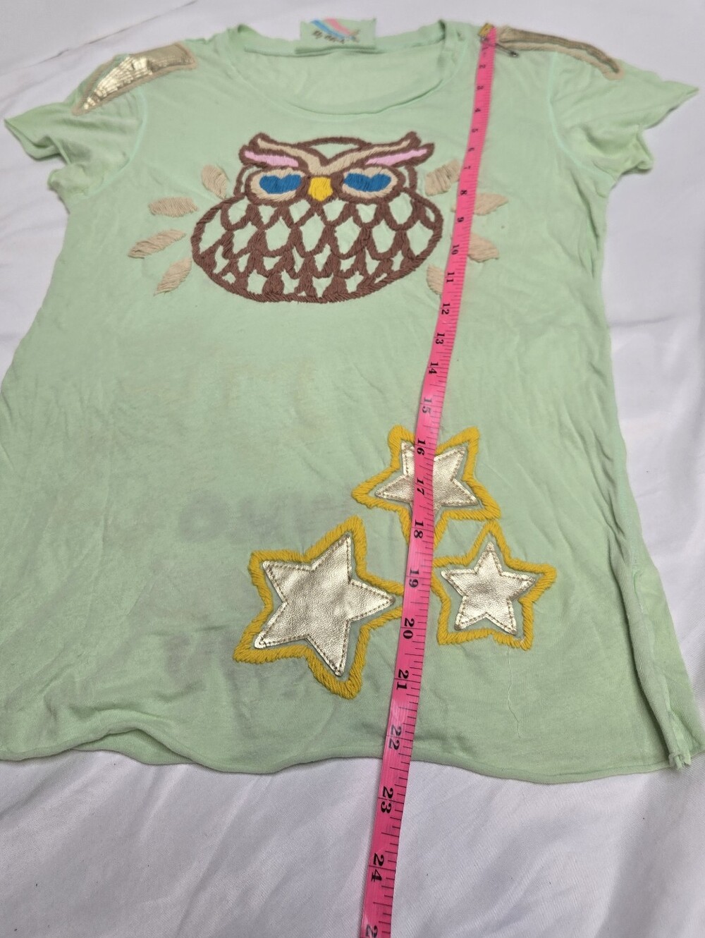 Y2K Joystick Johnny Was mint embroidered owl Who Loves You tee shirt M - Picture 10 of 10